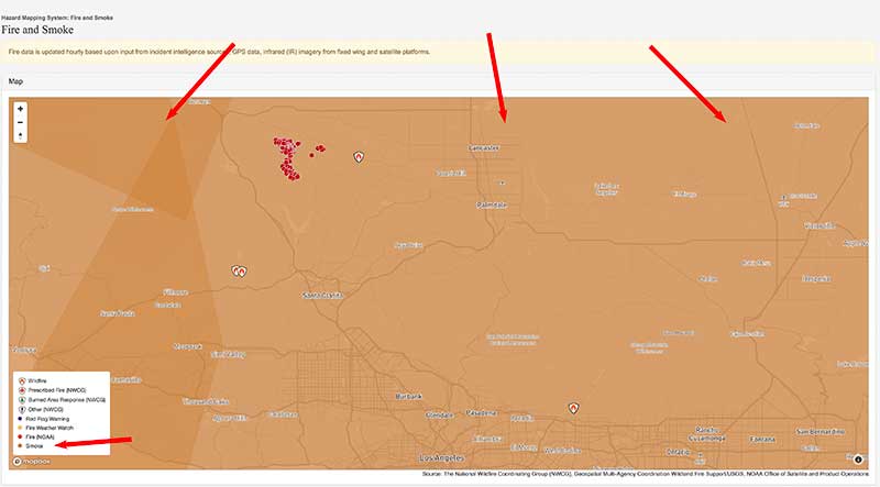 smoke map showing effect on Sun Valley CA