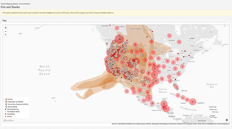 Smoke map showing affect on United States