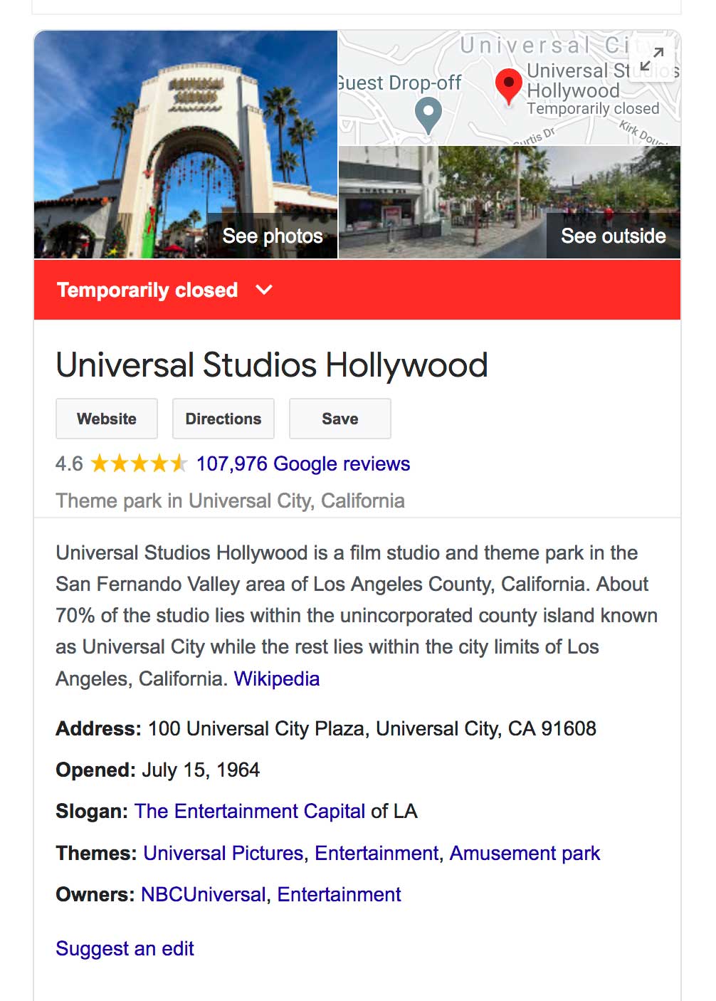 univsersal studios near sun valley closed