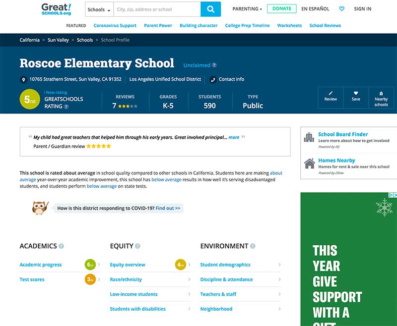 GreatSchools website Roscoe Elementary Sun Valley Jose Mier