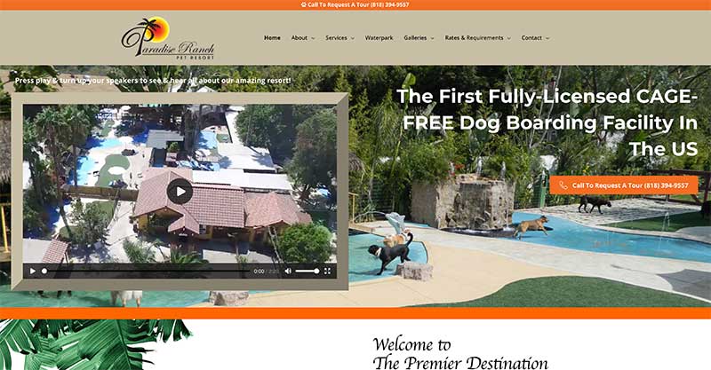 paradise ranch pet resort sun valley, ca website screenshot