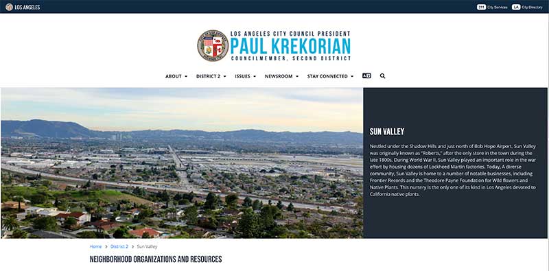 Jose MIer screenshot of City Council district 2 site for Sun Valley, CA